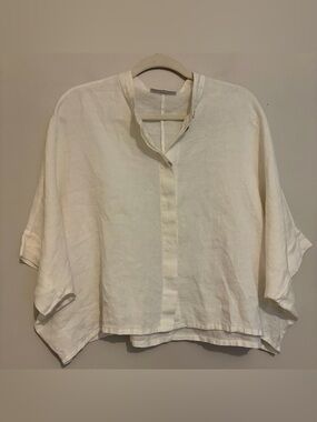Bryn Walker 100% Linen Boxy Oversized Crop Button Front Too Off Whits M Medium